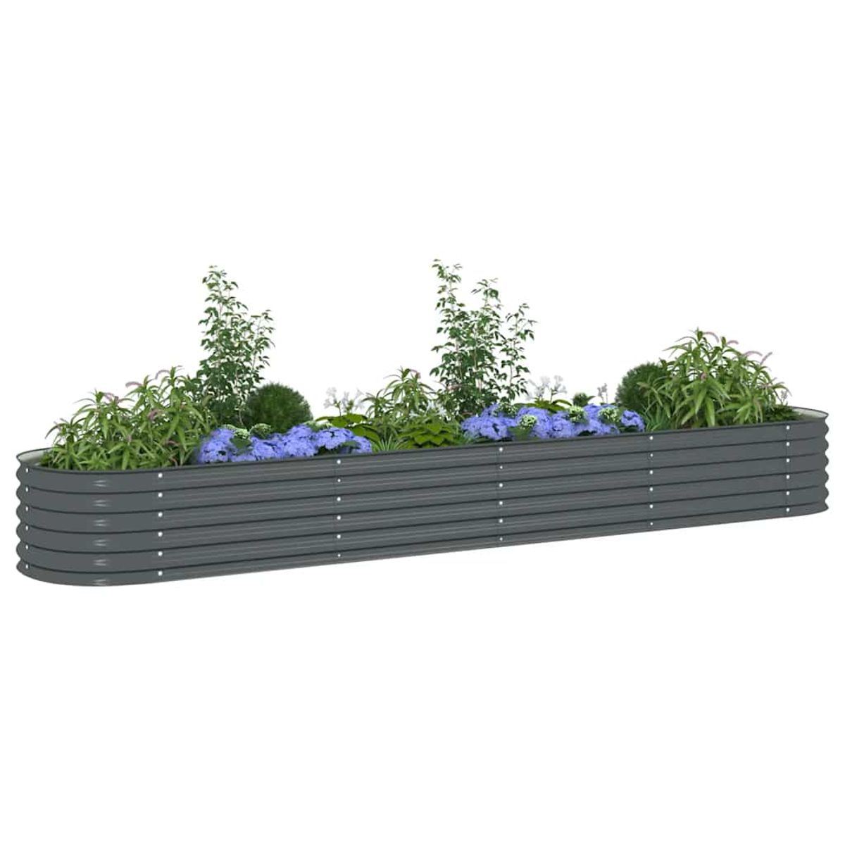 Eine lange, graue Metall-Pflanzkasten gefüllt mit verschiedenen grünen Pflanzen, lila und weißen Blumen. Der Hintergrund ist weiß.