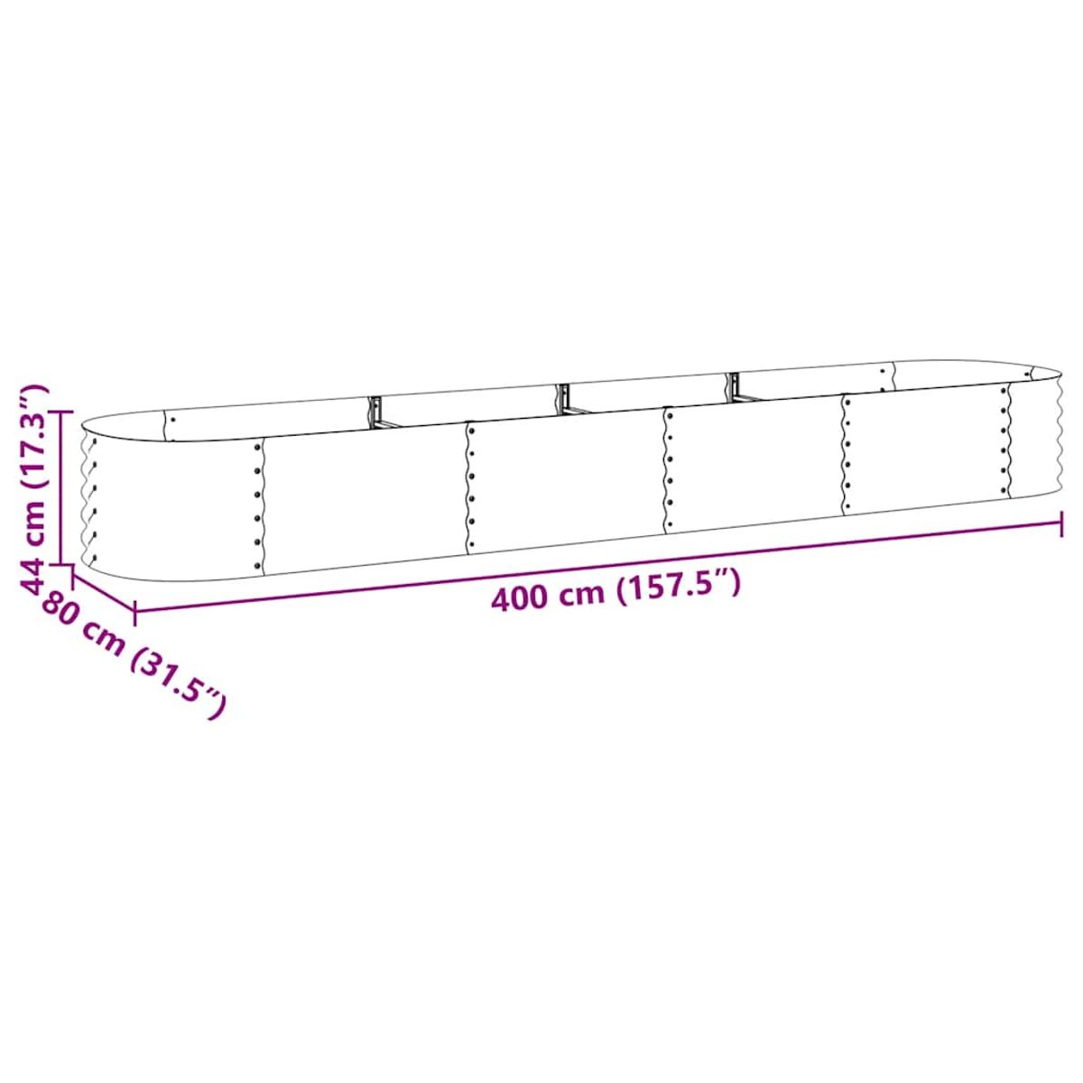 Ein länglicher Metallpflanzkübel mit den Maßen: 44 cm hoch, 80 cm breit und 400 cm lang. Schwarze Kontur auf weißem Hintergrund.