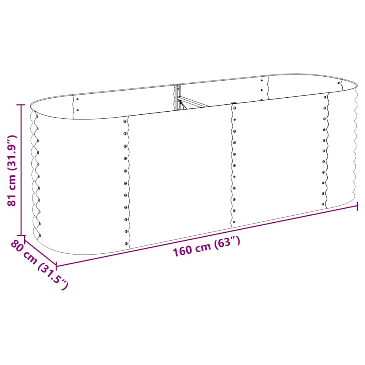 Ein ovaler Metallpflanzkübel. Die Abmessungen sind angegeben: 80 cm Breite, 81 cm Höhe und 160 cm Länge. Nieten und Tragwerk sind sichtbar.