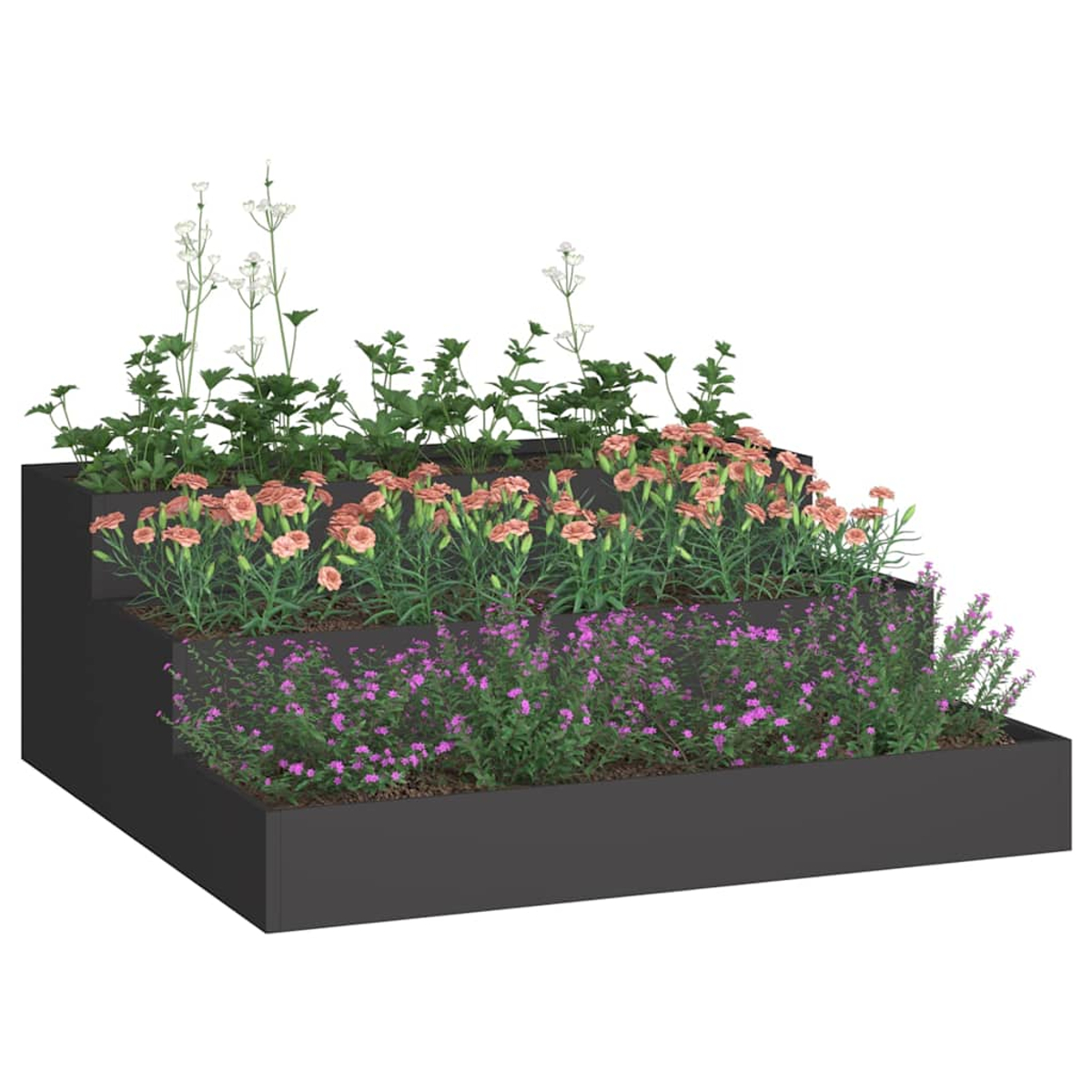 Una fioriera a più livelli con fiori. Sono visibili garofani rosa, fiori viola e fogliame verde, su sfondo bianco.