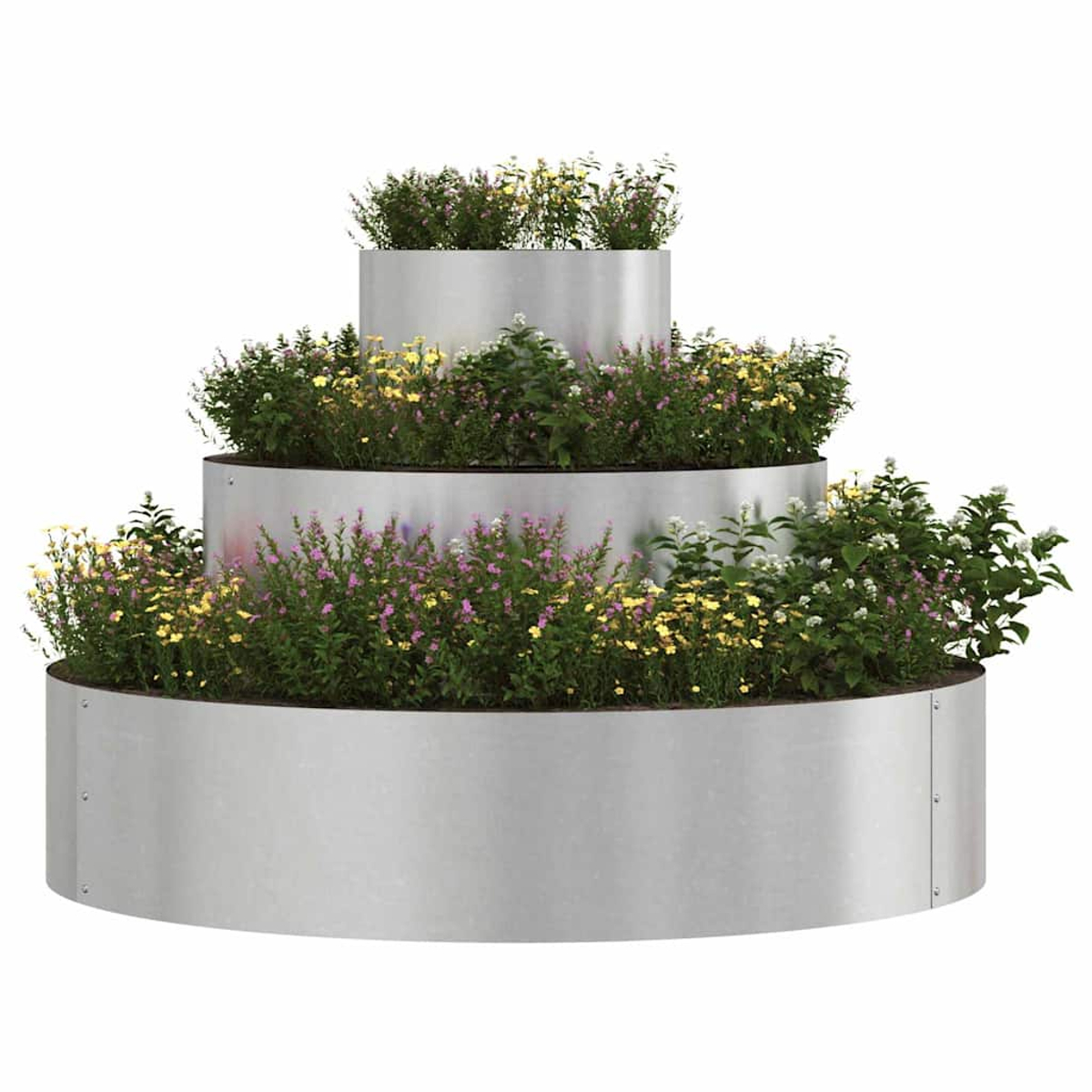 Una fioriera a più livelli con tre livelli. Ogni livello contiene terra e fiori gialli, rosa e bianchi, circondati da piante verdi.