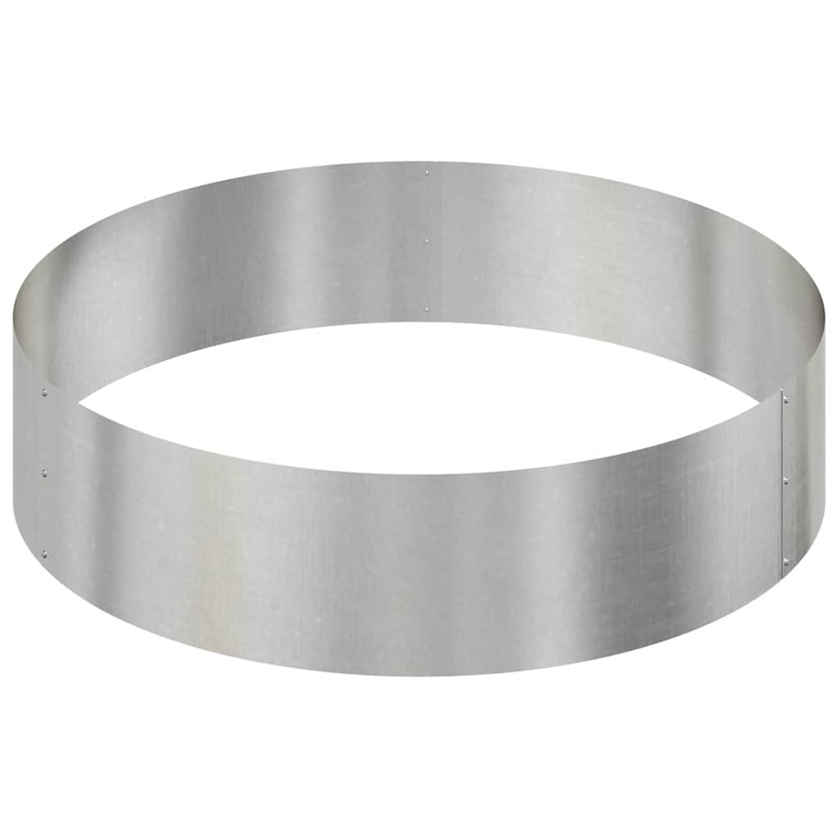 Un anello di metallo circolare, probabilmente per il giardinaggio. È argentato, con rivetti visibili. Lo sfondo è bianco.