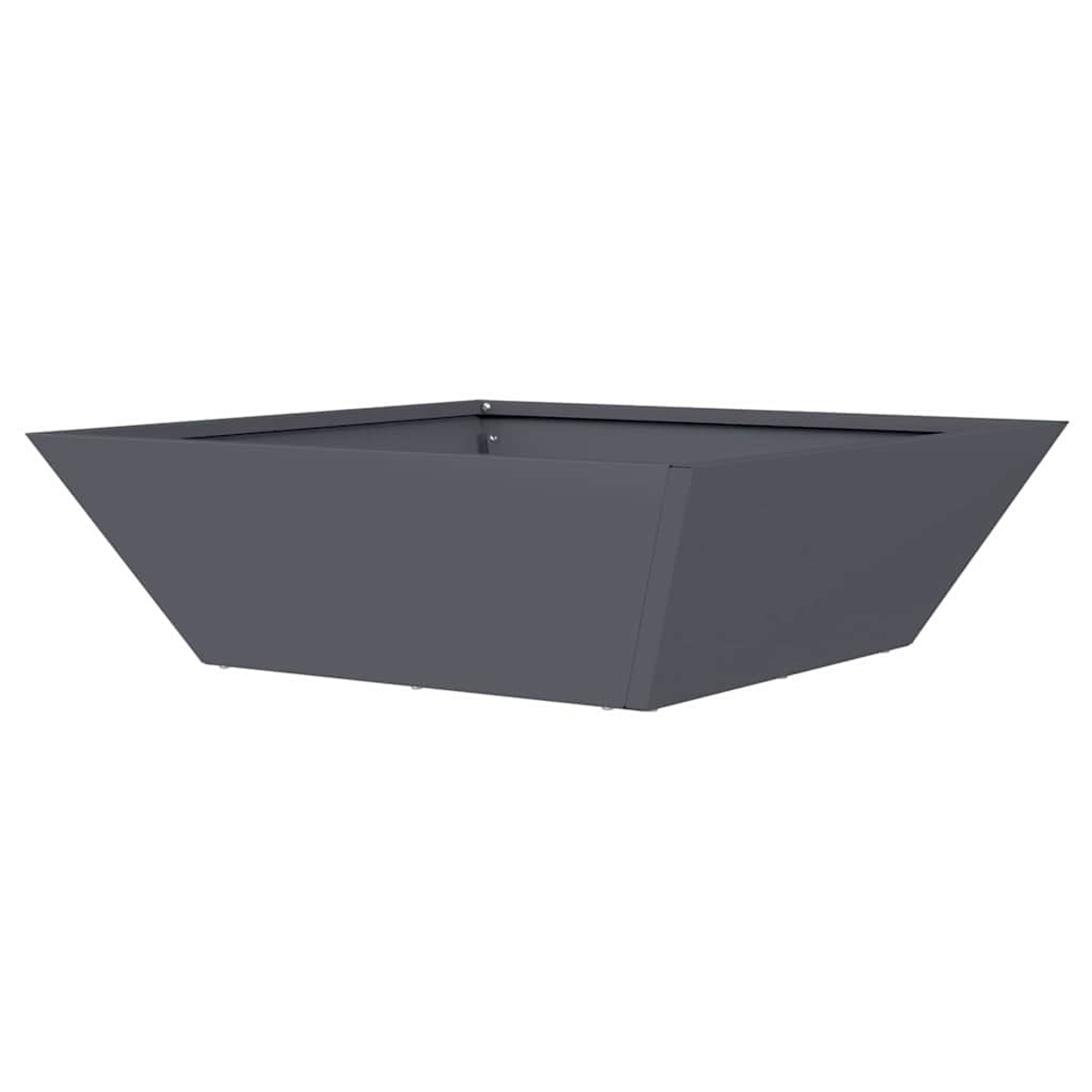 Una fioriera trapezoidale grigio scuro. Ha lati angolati e una parte superiore rettangolare, su sfondo bianco.