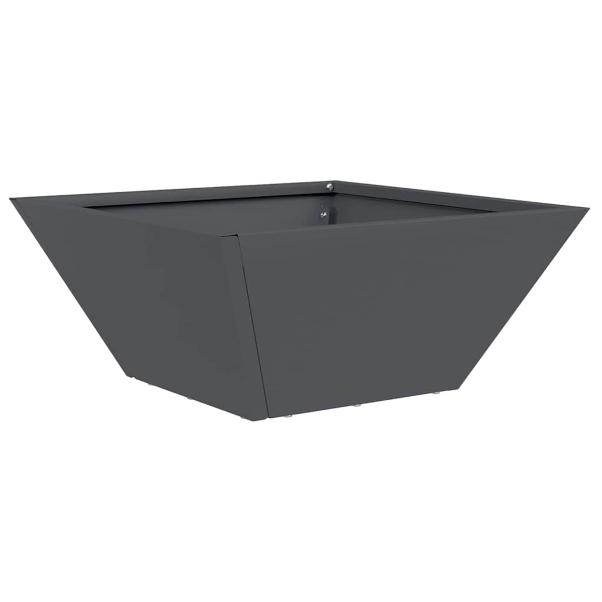 Una fioriera grigia trapezoidale. Ha una parte superiore ampia e una base stretta. I lati sono inclinati verso l'interno. Lo sfondo è bianco.