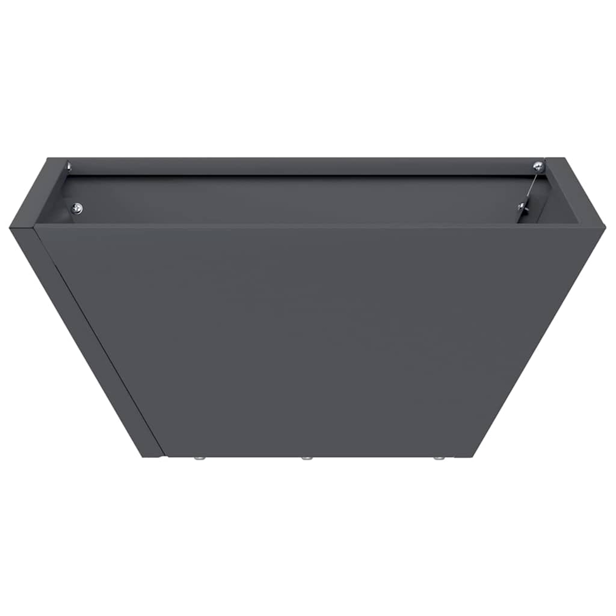 Una fioriera trapezoidale grigio scuro su sfondo bianco. Ha dettagli metallici e piedini per la stabilità.