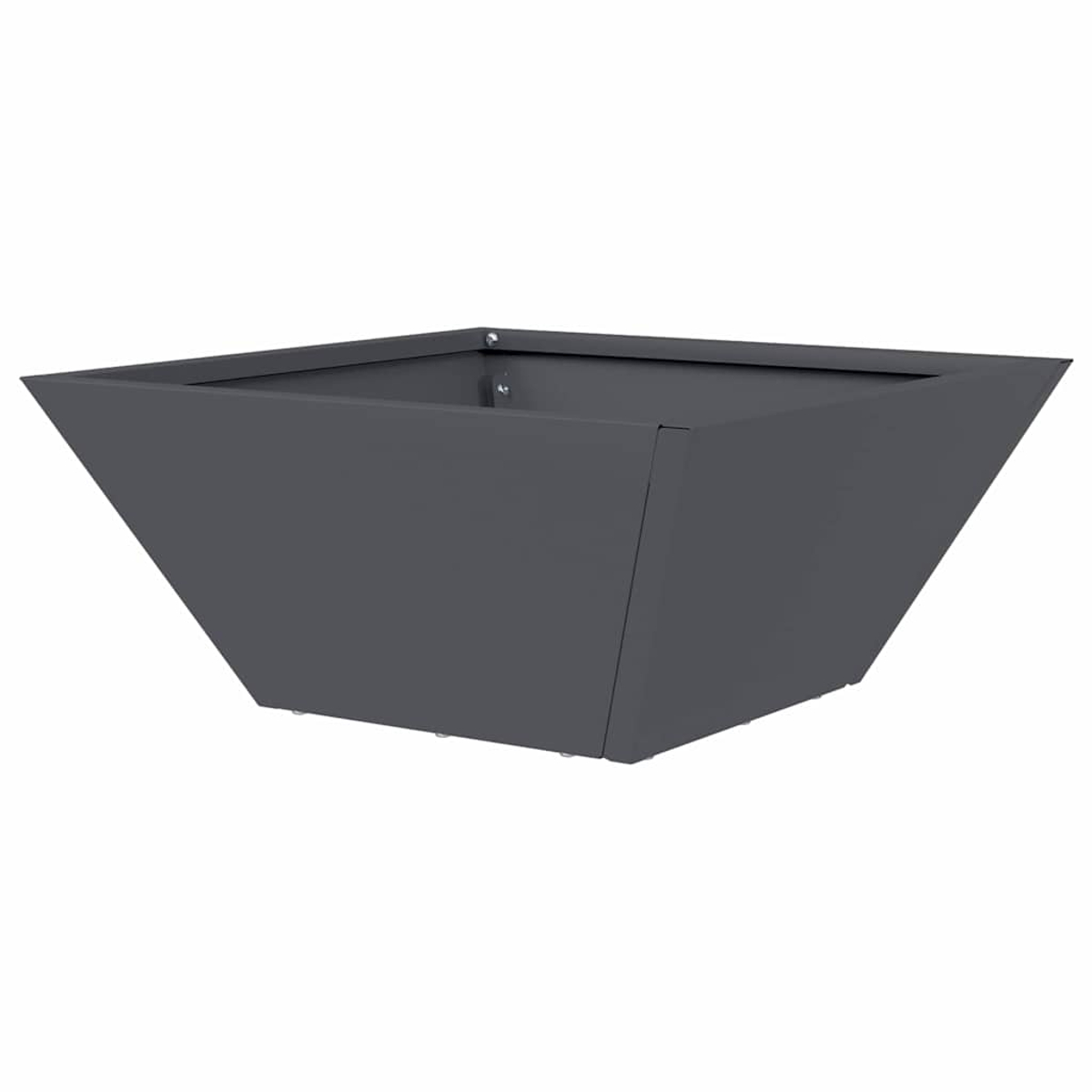 Una fioriera trapezoidale grigio scuro, vuota. La fioriera è in metallo e poggia su una superficie bianca, con sfondo bianco.