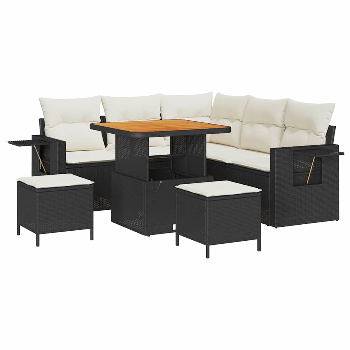 Set di mobili da esterno in vimini nero con cuscini bianchi, un tavolo in legno e due pouf. Isolato su sfondo bianco.