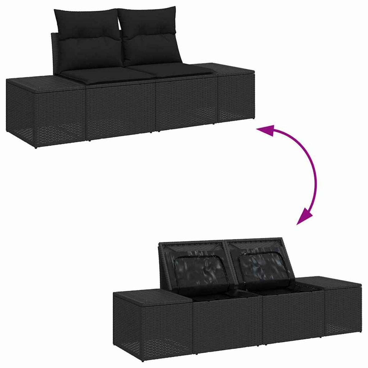 Ein schwarzes Rattan-Sofa mit Kissen und Rückenlehne. Oben ist es montiert, unten sind die Sitze zur Aufbewahrung geöffnet.