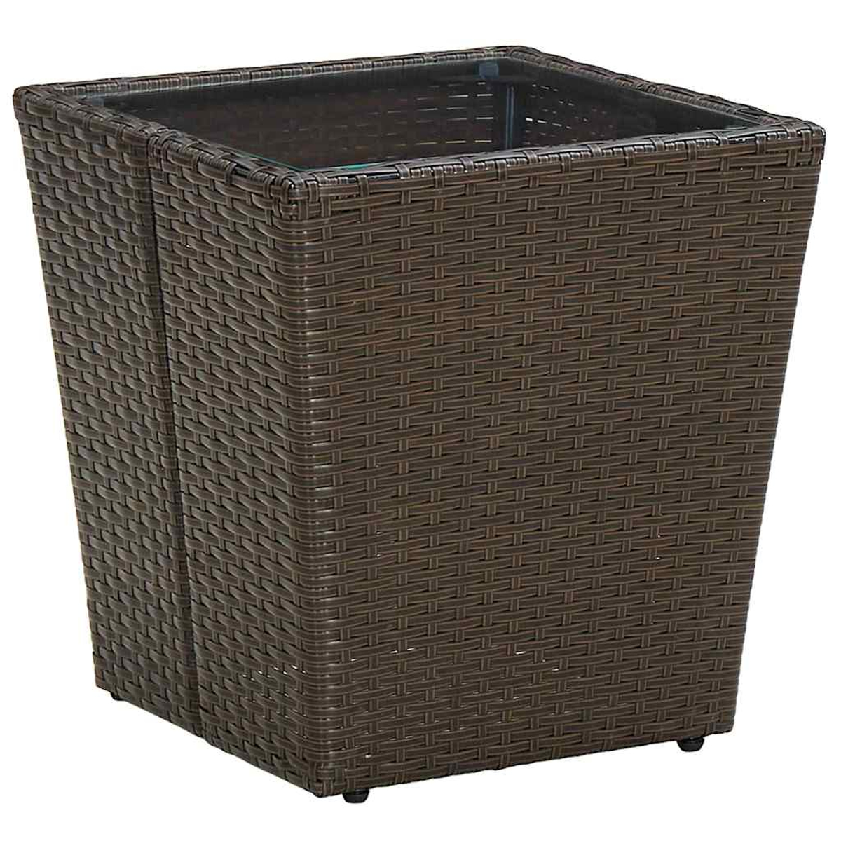Una jardinera tejida cuadrada marrón con tapa de cristal. La jardinera está vacía y parece estar hecha de mimbre.