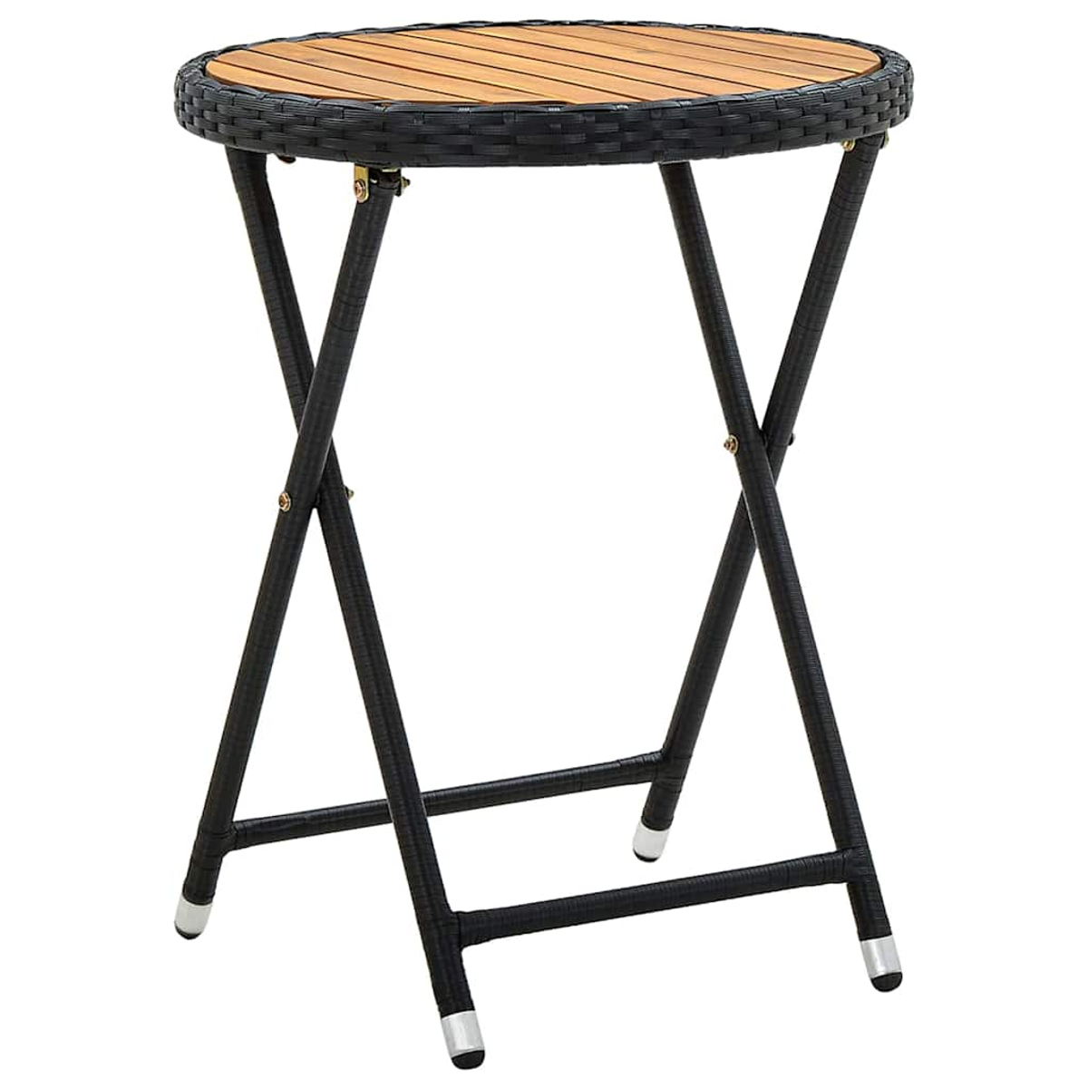 Ein runder Gartentisch mit Holzplatte und schwarzen Korbrändern. Er hat ein schwarzes Klappgestell und silberne Fußkappen.