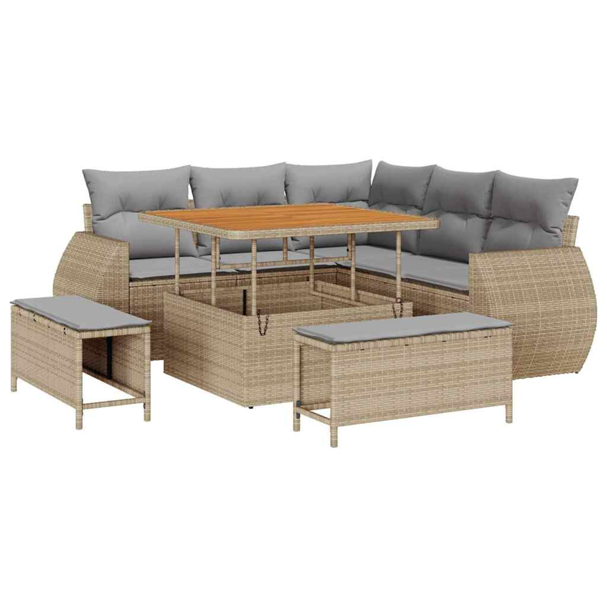 Gartenmöbel-Set aus Korbgeflecht. Enthält eine Eckcouch, einen Tisch und zwei Ottomanen. Graue Kissen auf allen Teilen. Tisch hat eine Holzplatte.