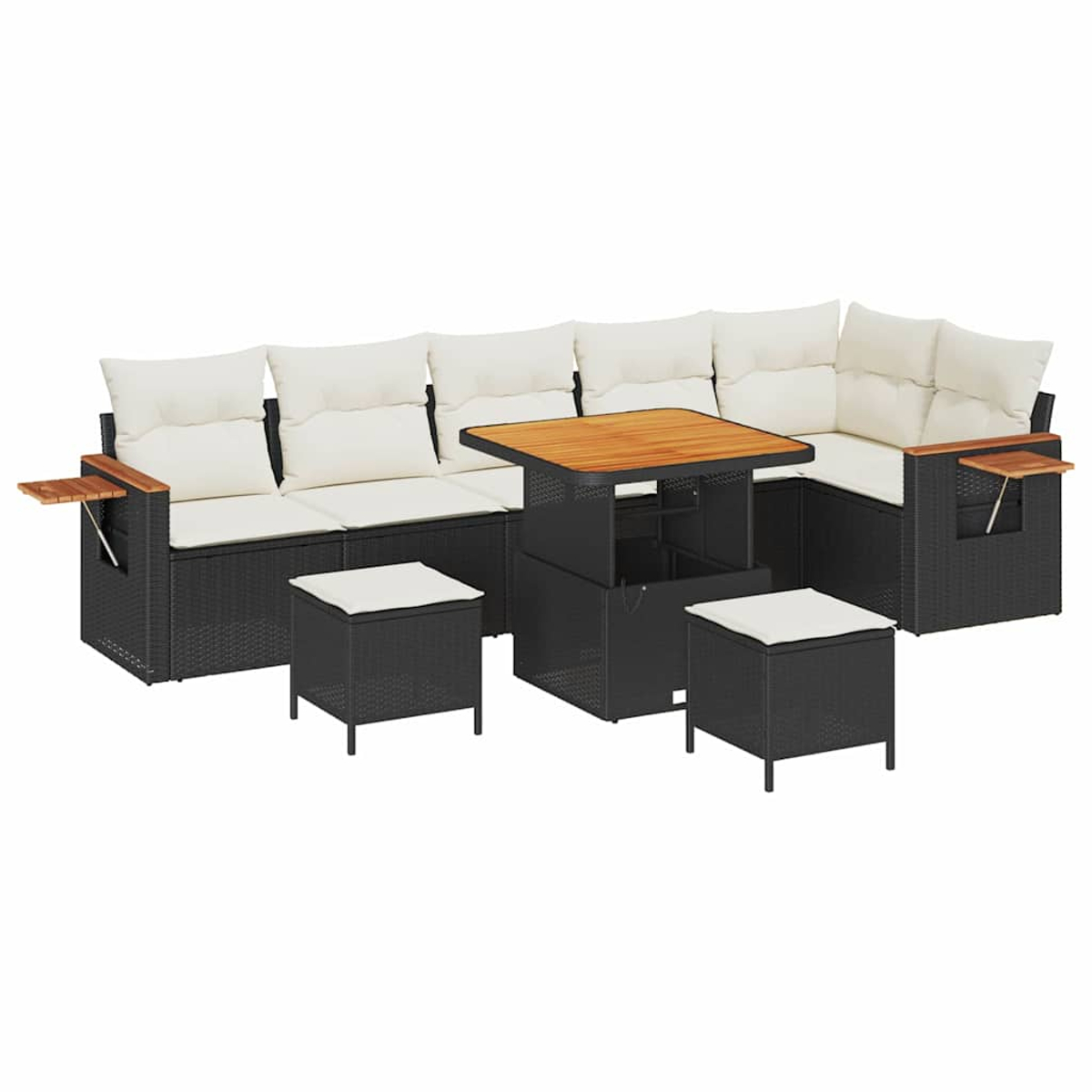 Set di mobili da esterno: divani neri intrecciati con cuscini bianchi, tavolo in legno, due pouf quadrati, tutto su sfondo bianco.