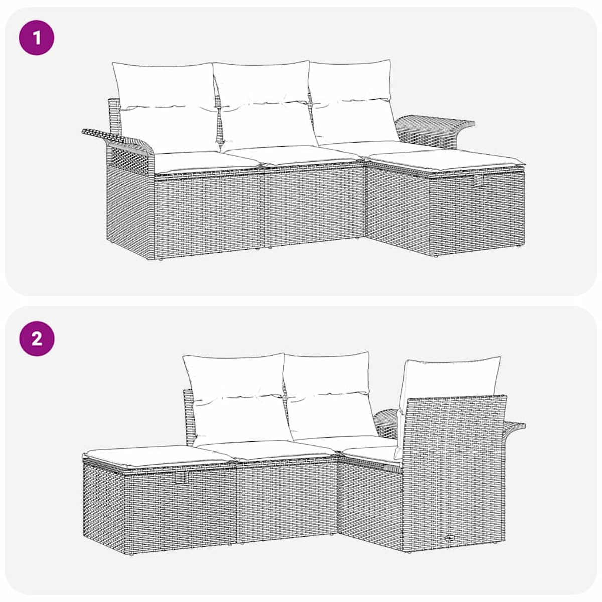 El diagrama muestra dos sofás modulares de ratán para exteriores. El sofá 1 tiene una chaise longue. El sofá 2 es una imagen especular, ambos con cojines blancos.