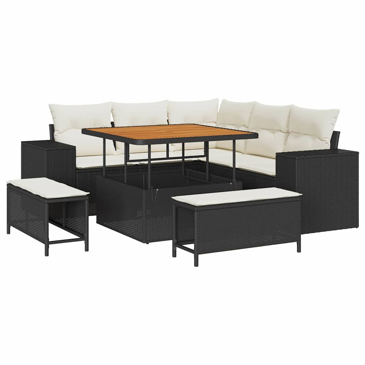 Set di mobili da esterno in rattan nero con cuscini bianchi. Include un divano angolare, un tavolino e due panche.