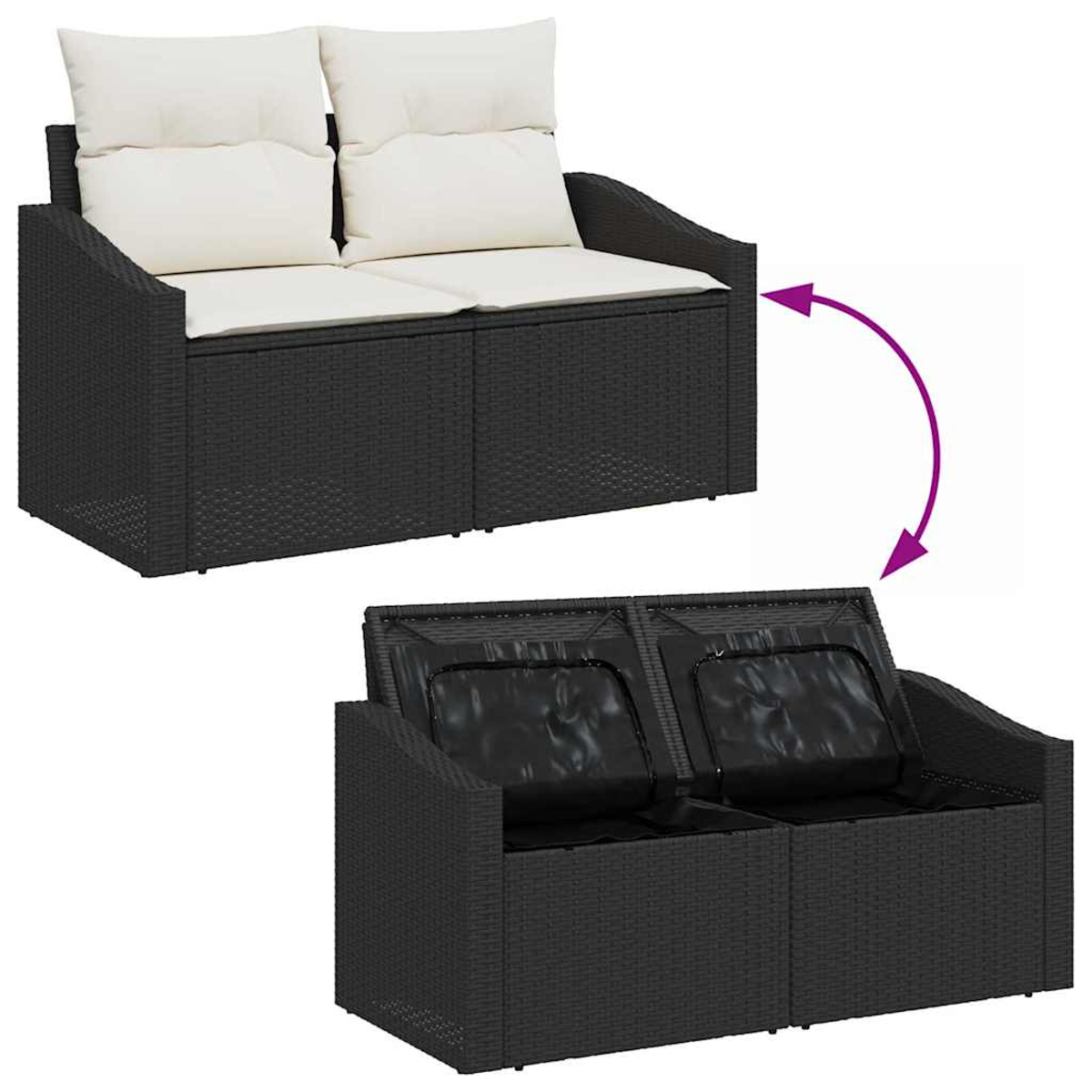 Ein schwarzes Korbmöbelsofa mit zwei weißen Kissen oben. Die Kissen werden entfernt, um schwarze Kissen zu zeigen. Ein Pfeil zeigt die Transformation an.