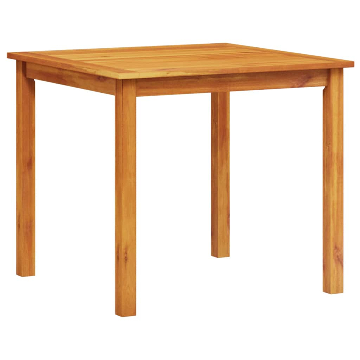 Ein quadratischer Holztisch mit vier Beinen vor weißem Hintergrund. Der Tisch besteht aus hellbraunem Holz.