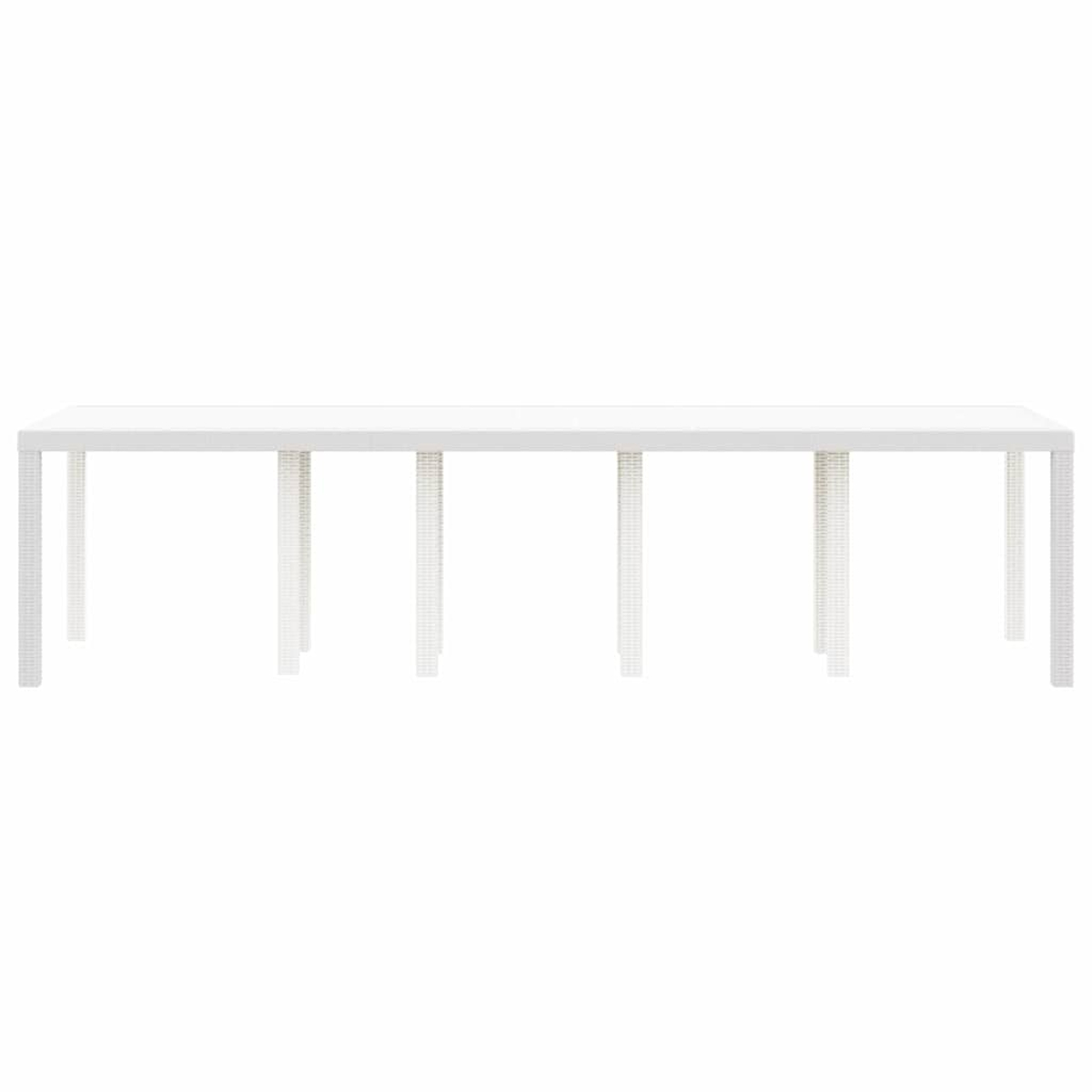Una mesa rectangular blanca con seis patas aislada sobre fondo blanco. Las patas tienen un patrón texturizado.