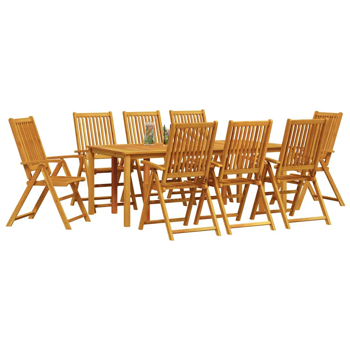Essgruppe aus Holz für den Außenbereich. Ein rechteckiger Tisch wird von acht Klappstühlen umgeben. Das Set besteht aus hellbraunem Holz.