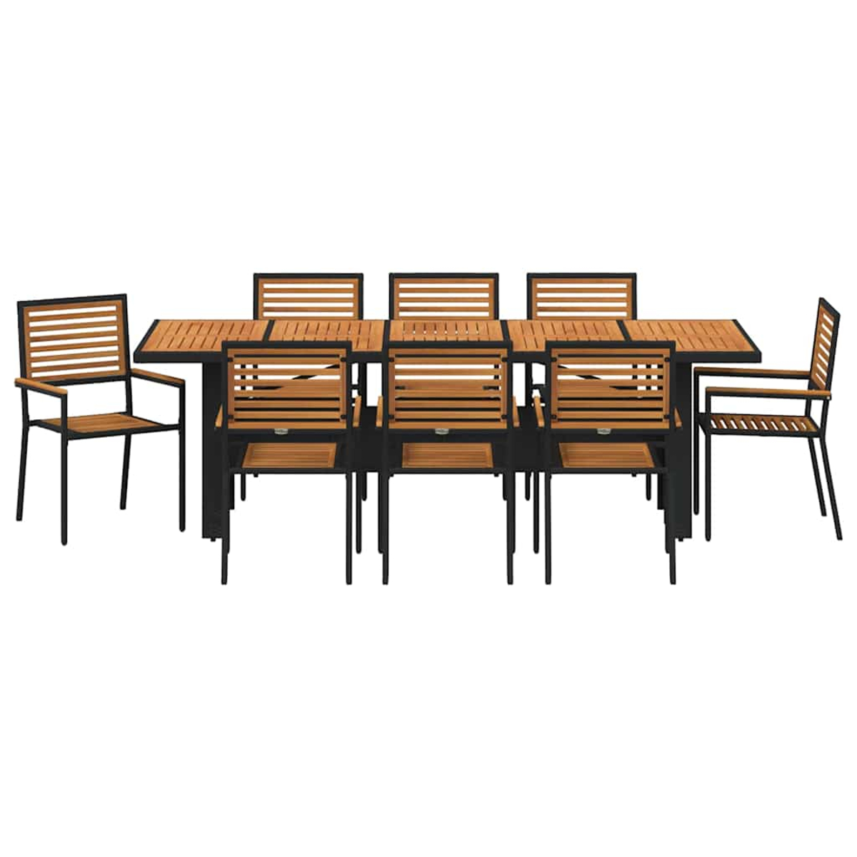 Ein Holztisch mit acht Stühlen. Der Tisch hat ein schwarzes Gestell und eine Holzplatte. Die Stühle haben Holzlatten und schwarze Gestelle.