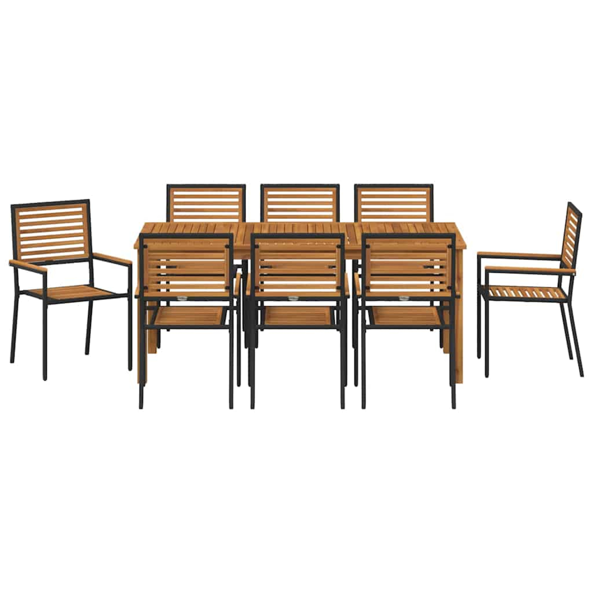Holztisch mit sechs Stühlen. Die Stühle haben schwarze Metallrahmen und Holzlatten. Der Tisch hat ein ähnliches Design.