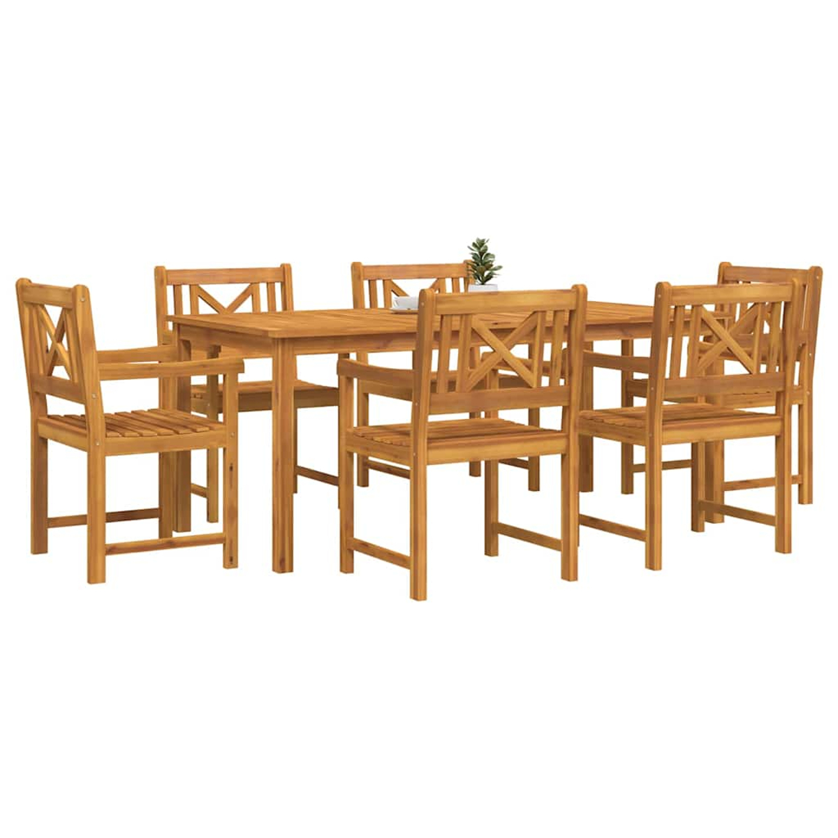 Un juego de comedor de madera para exteriores. Incluye una mesa rectangular y seis sillas, todas de madera clara, con una planta pequeña.