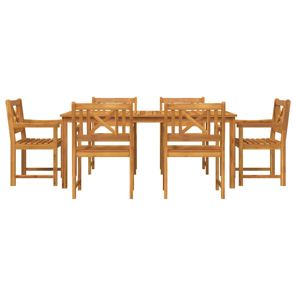 Un juego de comedor de madera para exteriores. Incluye una mesa rectangular y seis sillas. Todos los artículos son de madera marrón claro.