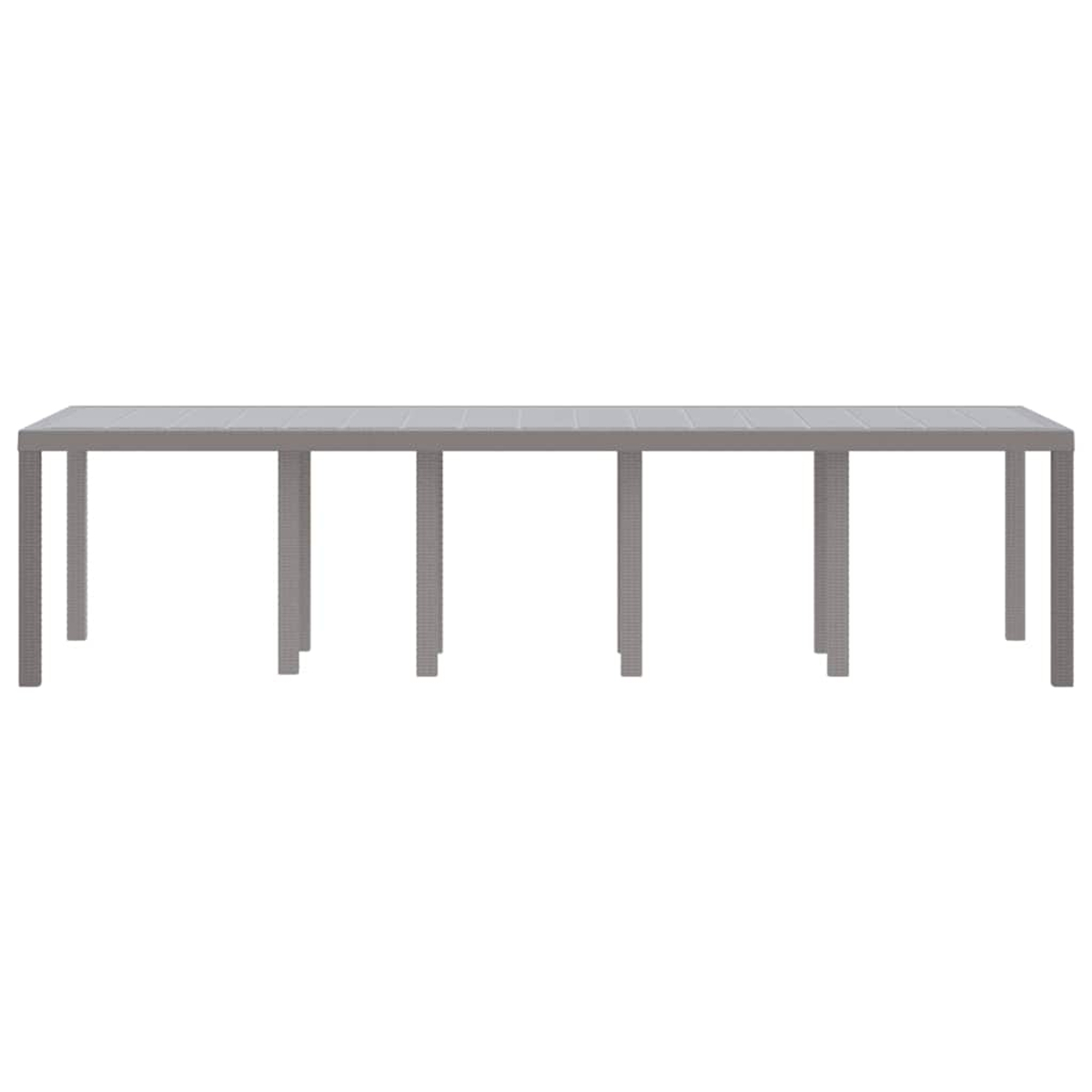 Ein langer, rechteckiger grauer Tisch mit sechs Beinen vor weißem Hintergrund. Der Tisch hat eine strukturierte Oberfläche.