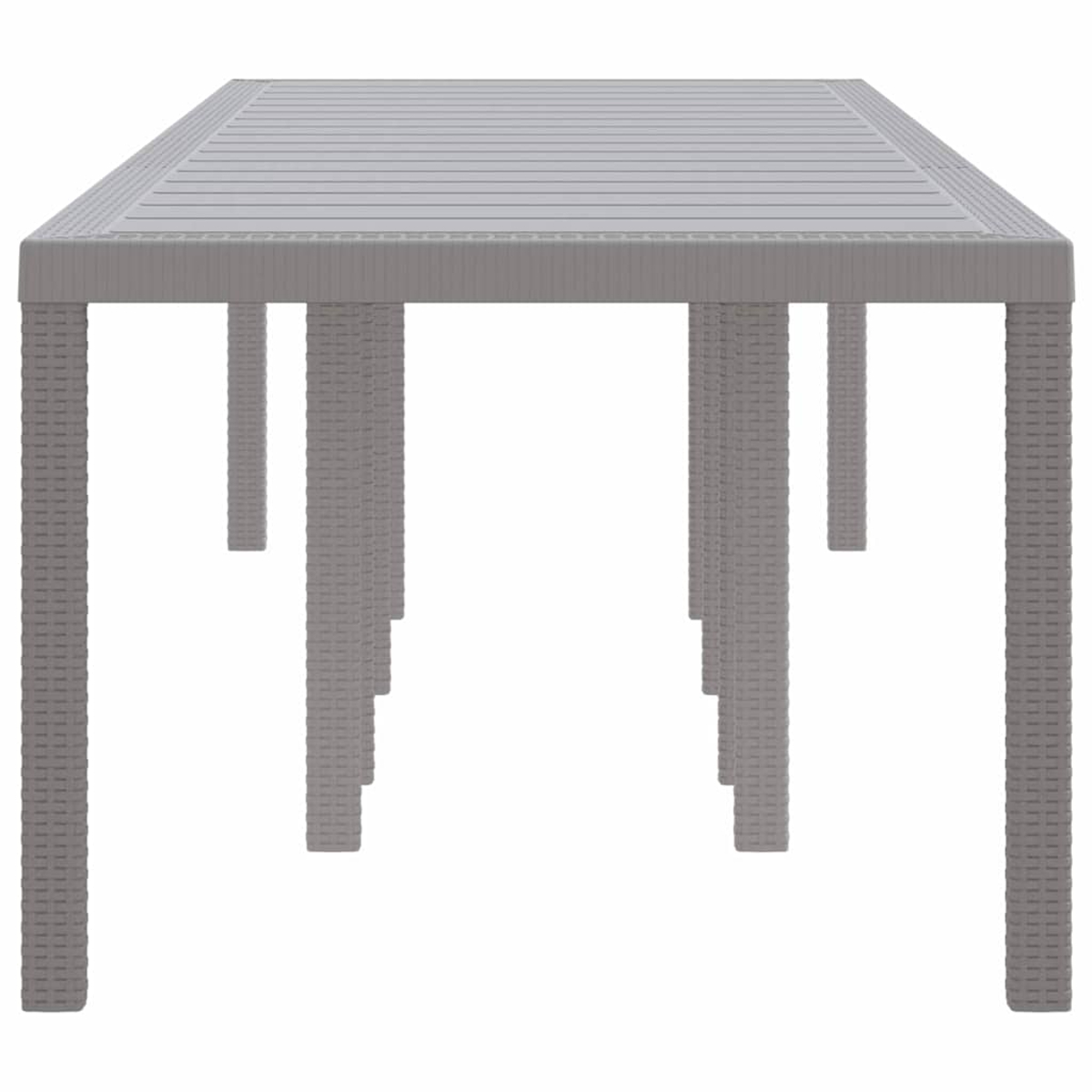 Ein grauer rechteckiger Tisch mit gewebten Beinen und einer Lamellenplatte steht vor weißem Hintergrund. Die Perspektive ist von einem niedrigen Winkel aus.