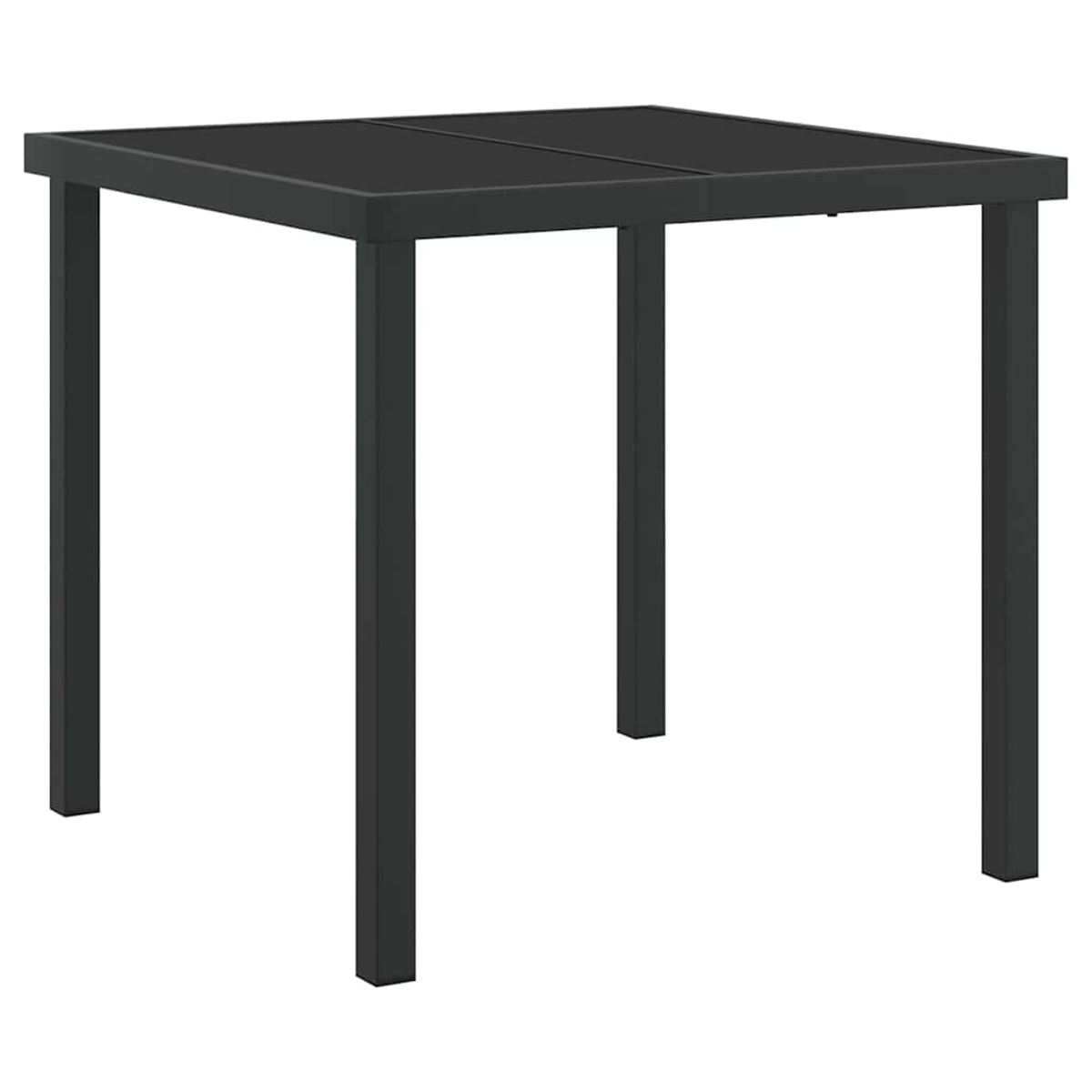 Un tavolo quadrato nero con quattro gambe. Il piano del tavolo è diviso in due sezioni. Lo sfondo è bianco.