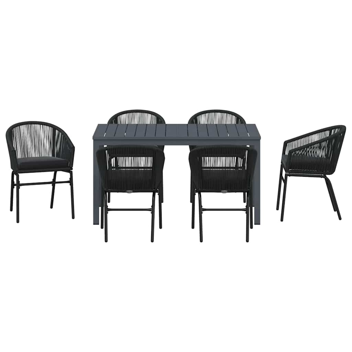 Ein grauer Tisch mit vier schwarzen Stühlen und zwei Sesseln. Alle Möbel haben ein gewebtes Design. Die Umgebung ist vor einem weißen Hintergrund.