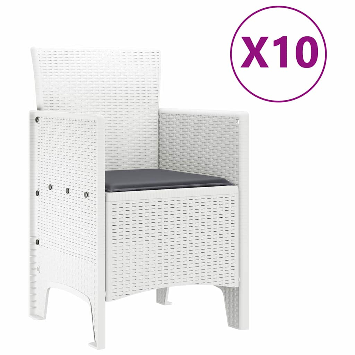 Weißer Korbstuhl mit grauem Kissen. Ein violetter Kreis mit 'X10' befindet sich oben rechts.