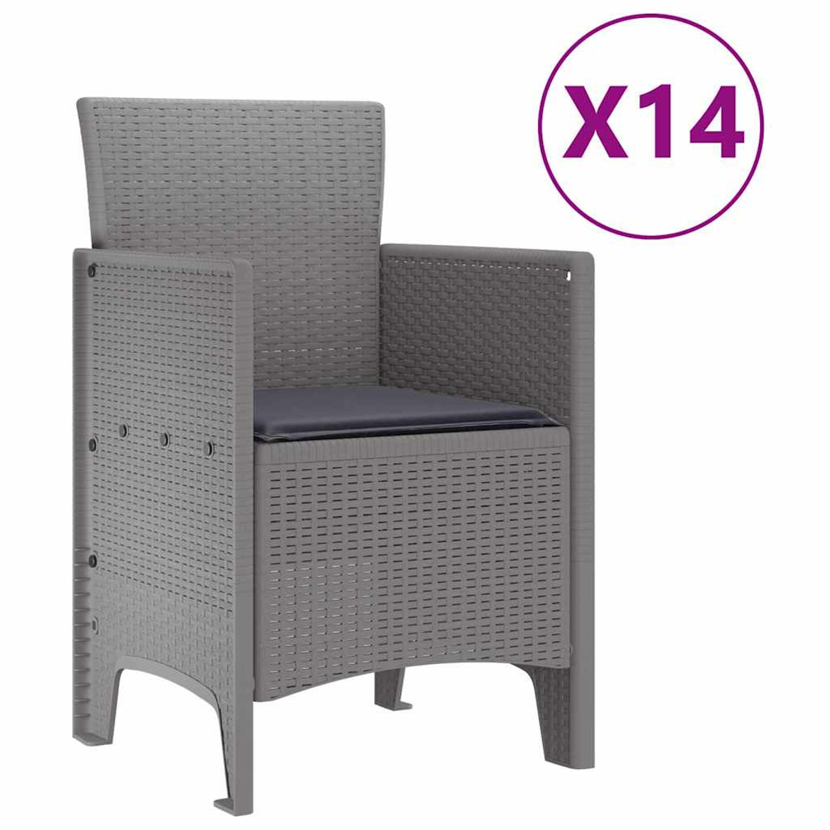Ein grauer Korbstuhl mit einem dunklen Kissen wird gezeigt. Ein lila Kreis mit „X14“ befindet sich oben rechts im Bild.