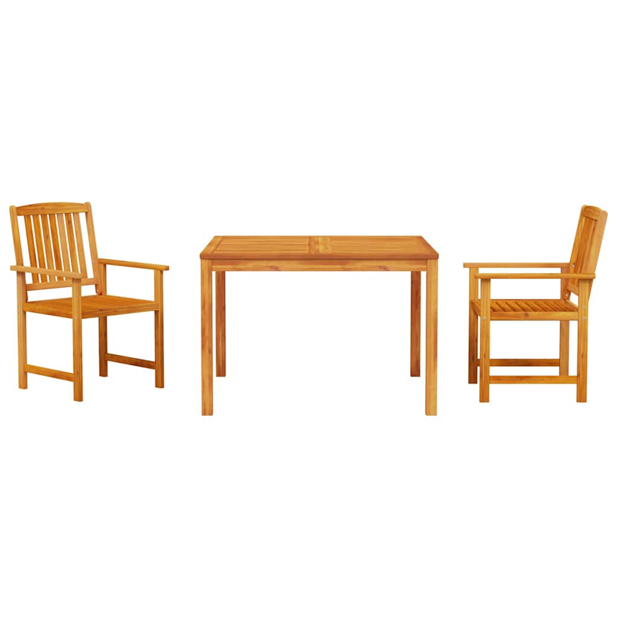 Ein hölzernes Esszimmerset für den Außenbereich. Es umfasst einen rechteckigen Tisch und zwei Armlehnstühle, alle aus hellbraunem Holz, vor weißem Hintergrund.