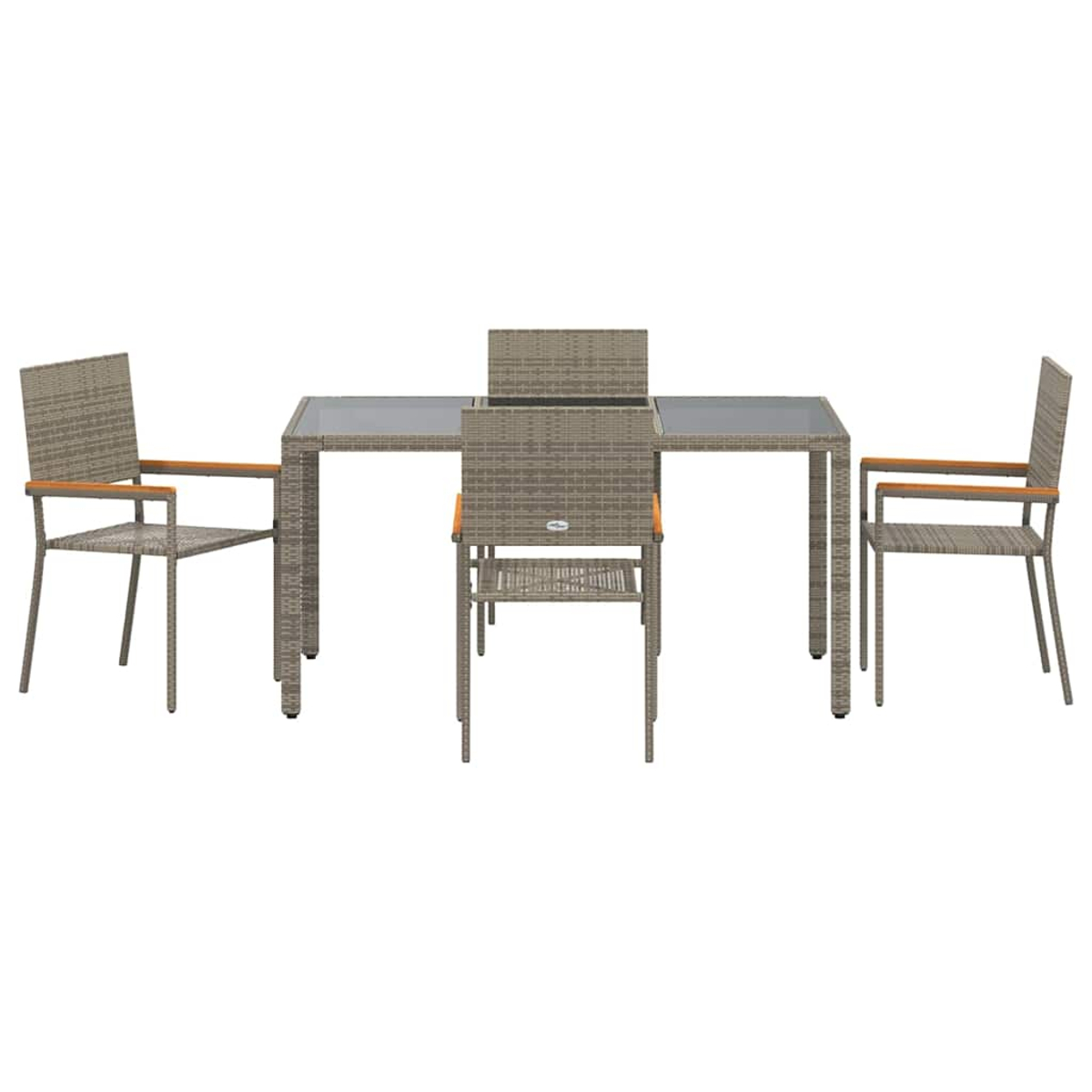 Ein graues Ess-Set für den Außenbereich mit einem rechteckigen Tisch mit Glasplatte und vier passenden Stühlen. Die Stühle haben Armlehnen mit Holzfinish.