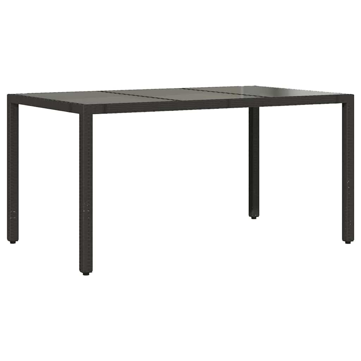 Ein dunkelgrauer rechteckiger Tisch mit vier Beinen. Der Tisch besteht aus gewebtem Material und hat eine Glasplatte.
