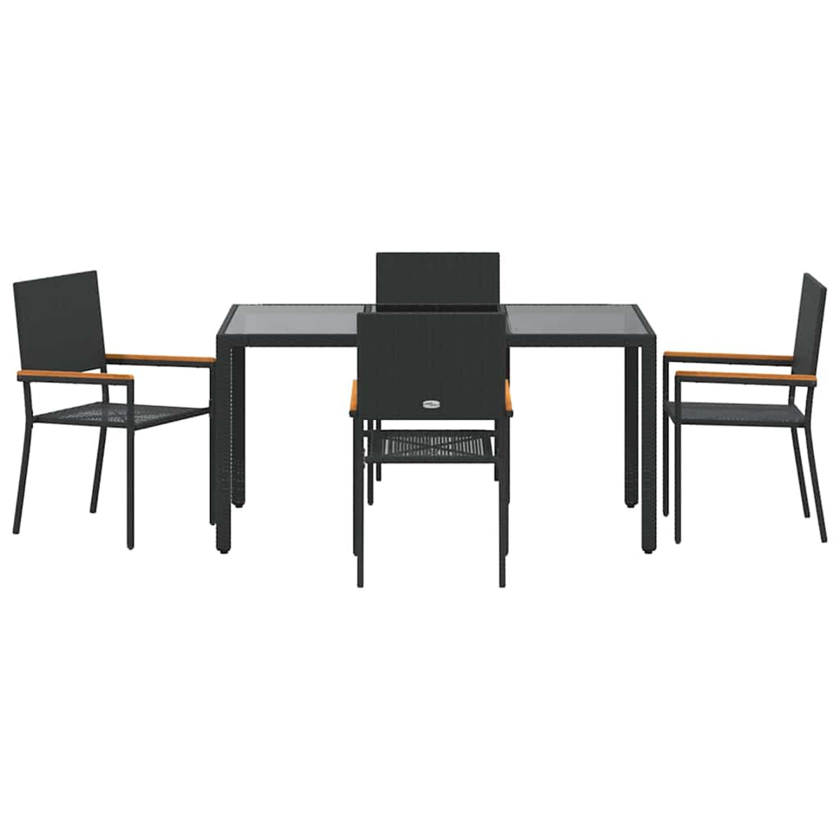 Ein schwarzes Ess-Set für den Außenbereich mit einem rechteckigen Tisch und vier passenden Stühlen. Die Stühle haben Holzarmlehnen.