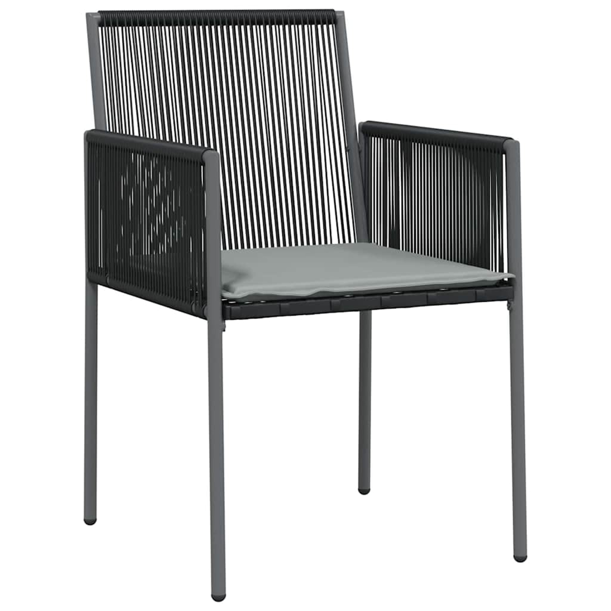 Ein moderner Outdoor-Stuhl mit grauem Rahmen, schwarzem Seilrücken und Armlehnen sowie einer grauen Sitzfläche. Die Beine sind dünn und grau.