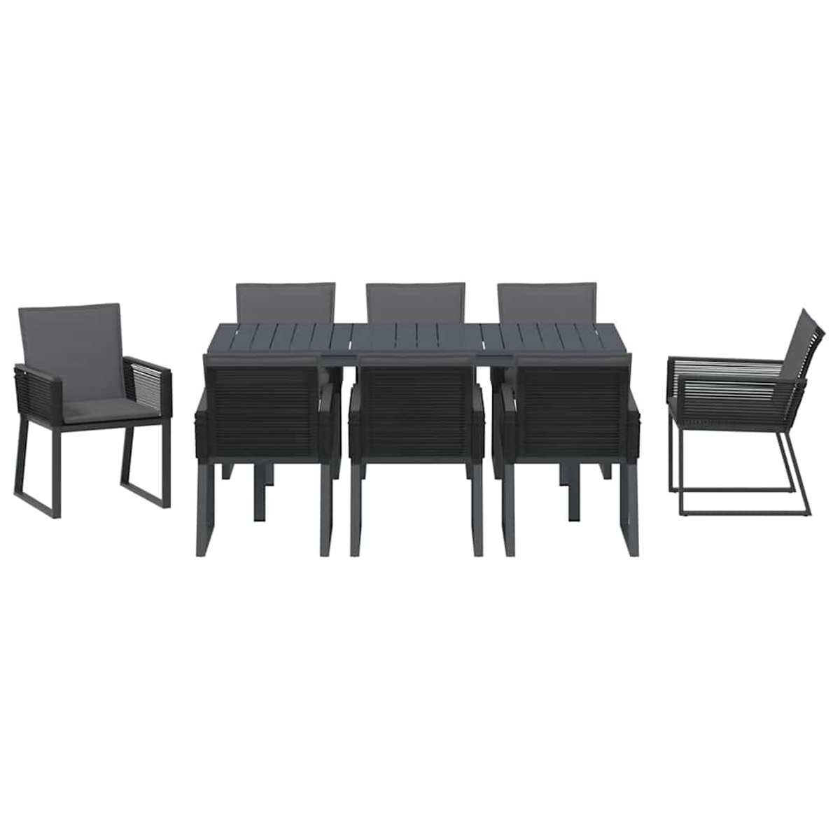Ein Esszimmer-Set mit Tisch und sechs Stühlen. Der Tisch ist dunkelgrau, die Stühle sind schwarz und grau. Isoliert auf Weiß.