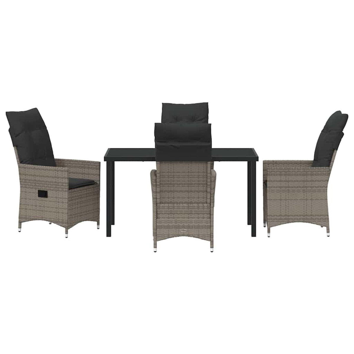Ein Terrassenset mit einem rechteckigen schwarzen Tisch und vier Korbstühlen mit schwarzen Kissen.
