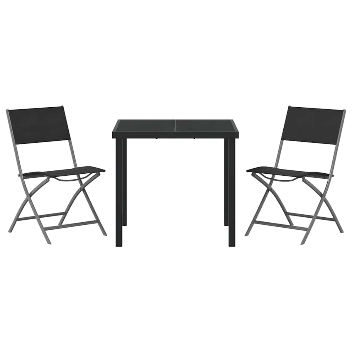 Ein schwarzer Tisch mit zwei passenden Stühlen. Die Stühle haben schwarze Sitze und silberne Rahmen. Der Tisch ist quadratisch und schwarz.