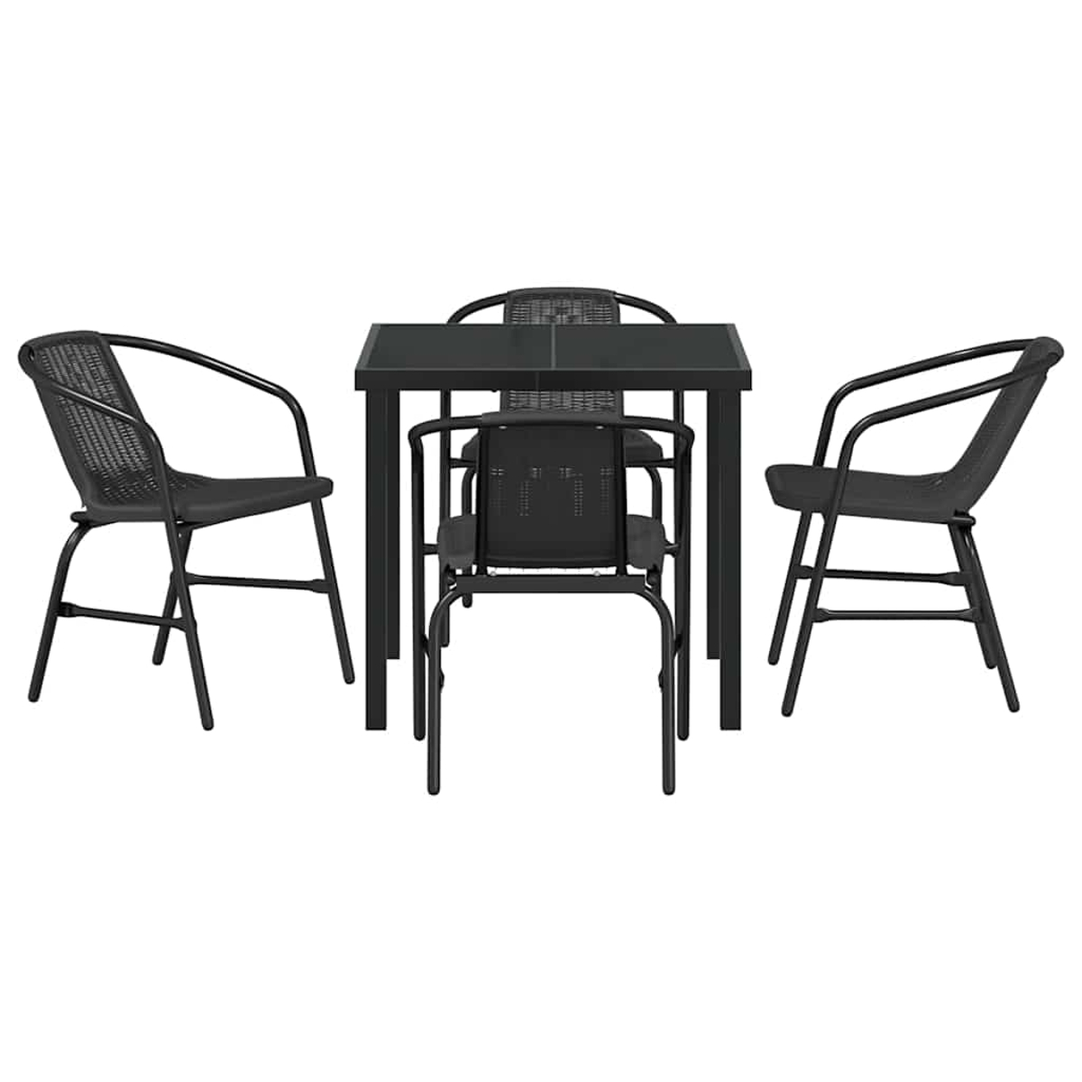 Ein schwarzes Ess-Set für den Außenbereich mit einem quadratischen Tisch und vier Stühlen. Die Stühle haben gewebte Sitze und Rücken.