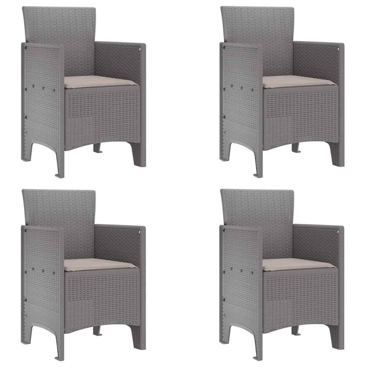Quattro poltrone grigie con cuscini beige disposte a quadrato. Le poltrone hanno una trama intrecciata e sono su sfondo bianco.