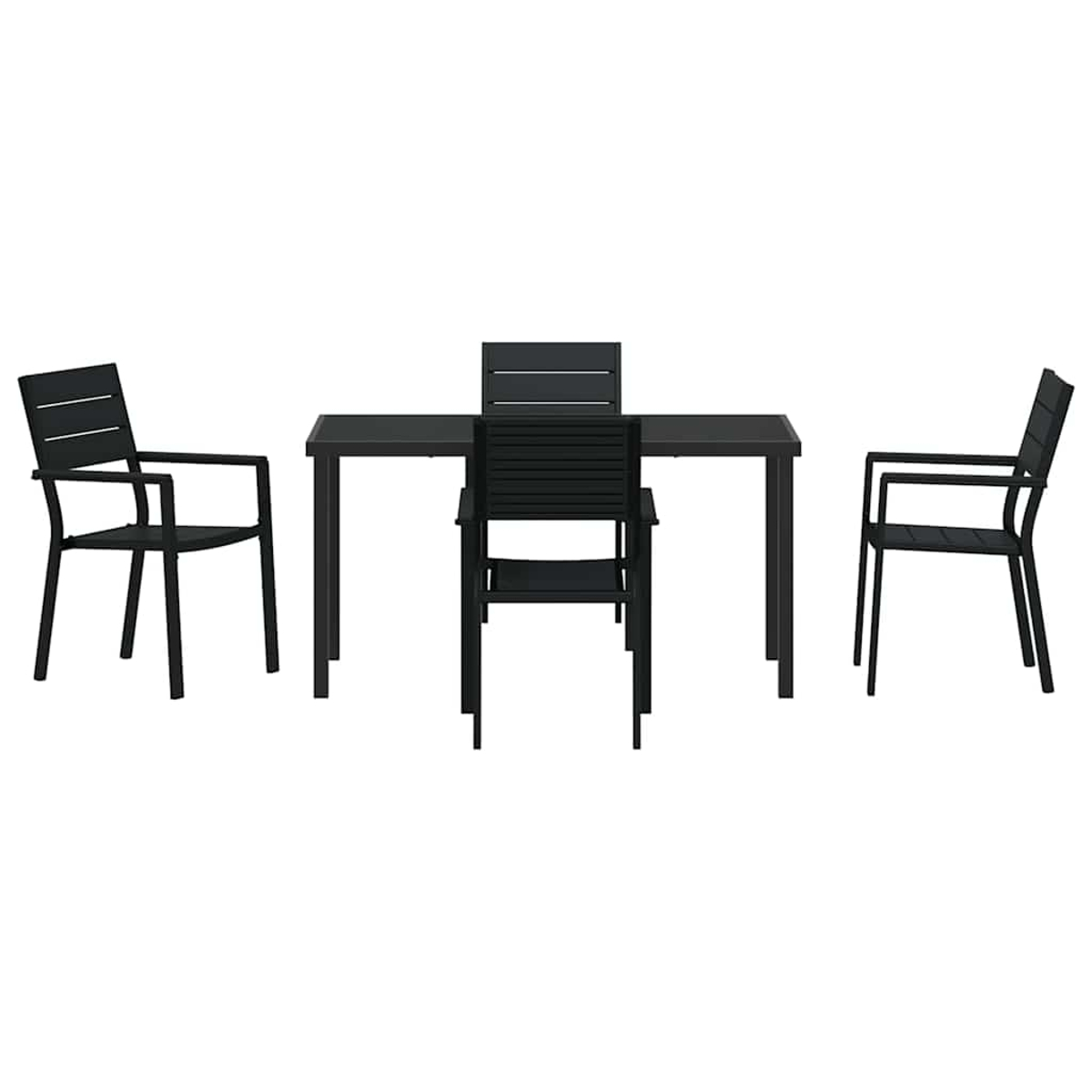 Schwarzes Ess-Set für draußen. Tisch mit vier Stühlen, zwei mit Armlehnen. Alles auf weißem Hintergrund.