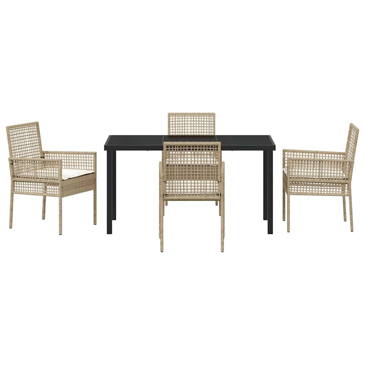 Un set di mobili da patio con un tavolo nero, quattro sedie con schienali e braccioli intrecciati e cuscini bianchi.