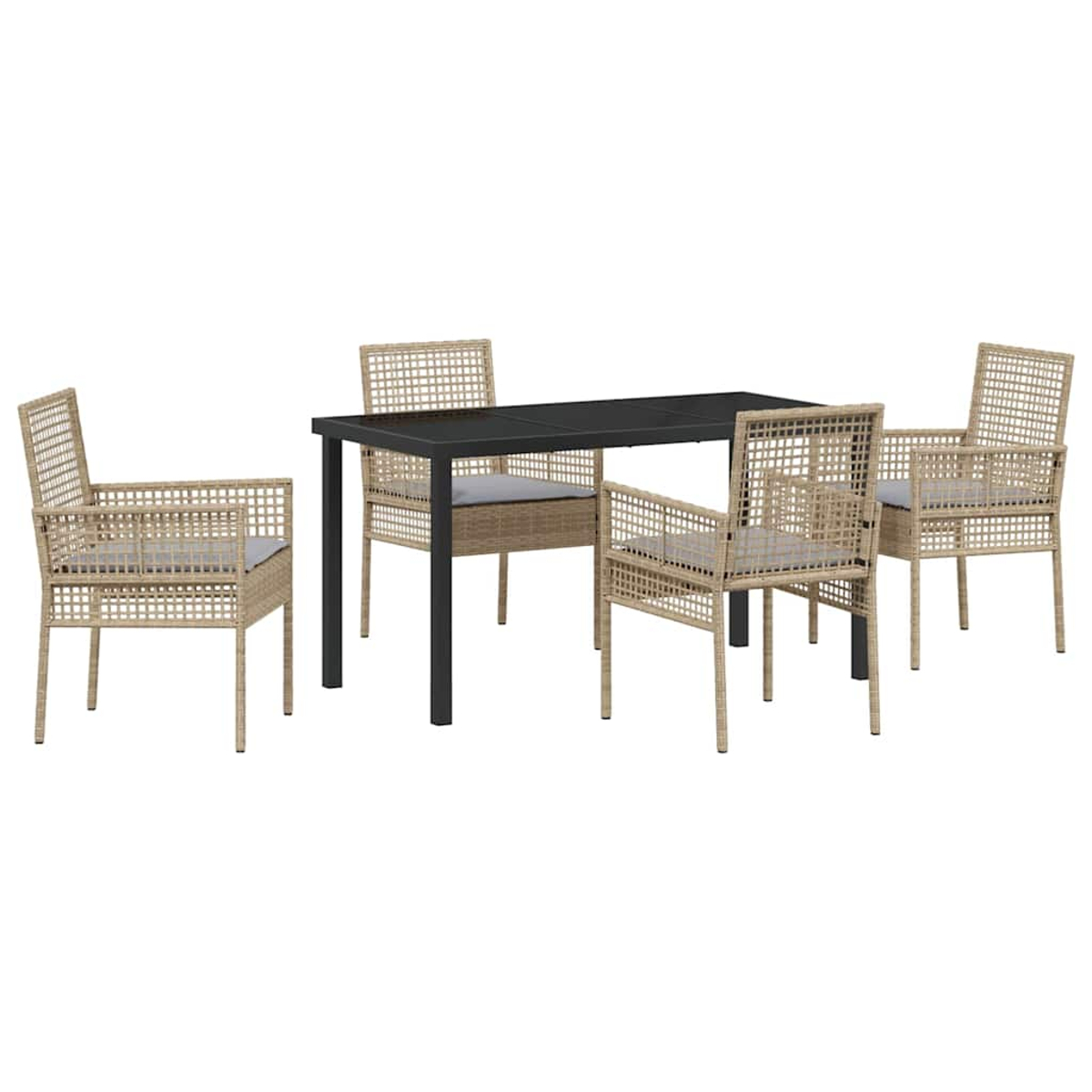 Un set da patio con un tavolo nero e quattro sedie intrecciate con cuscini grigi, su sfondo bianco.