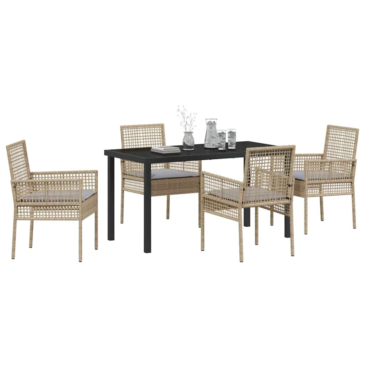Un set da pranzo su sfondo bianco. È composto da un tavolo nero, quattro sedie beige con cuscini grigi ed elementi decorativi.