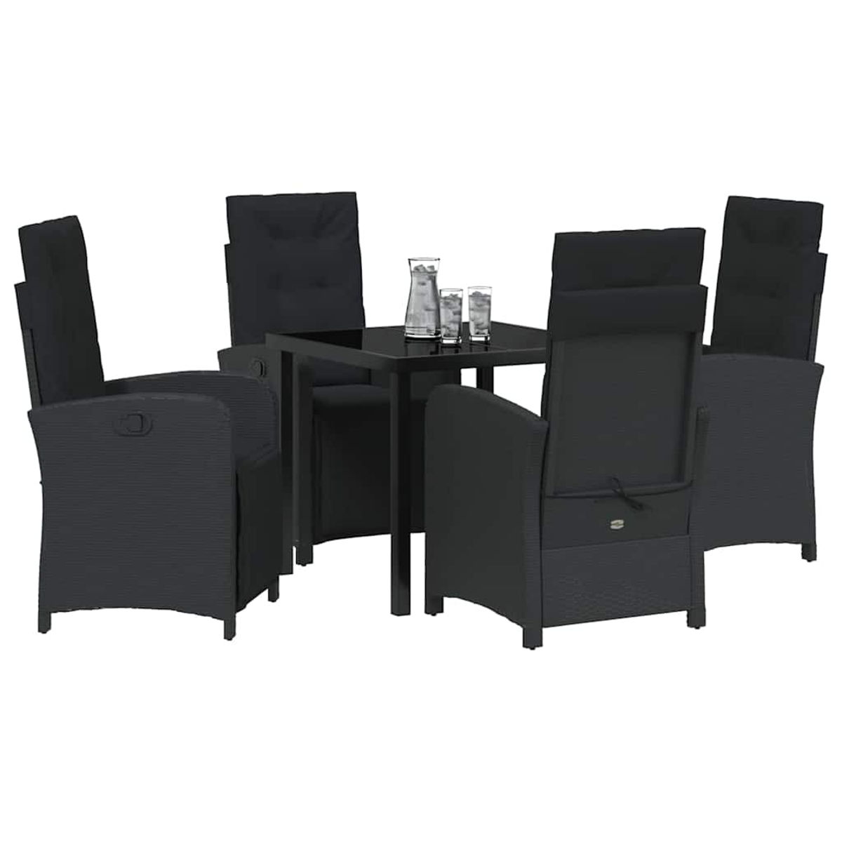Ein schwarzes Esszimmer-Set für den Außenbereich mit sechs Stühlen, einem quadratischen Tisch und Gläsern mit Wasser.