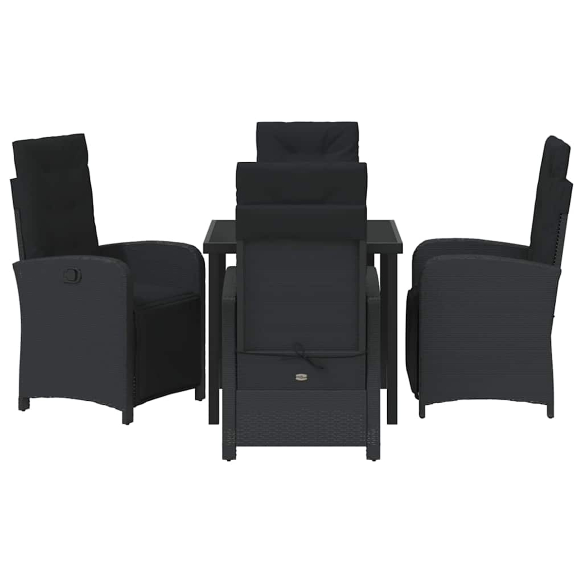 Vierteiliges schwarzes Gartenmöbel-Set vor weißem Hintergrund. Enthält zwei Sessel, einen kleinen Tisch und eine Liege.