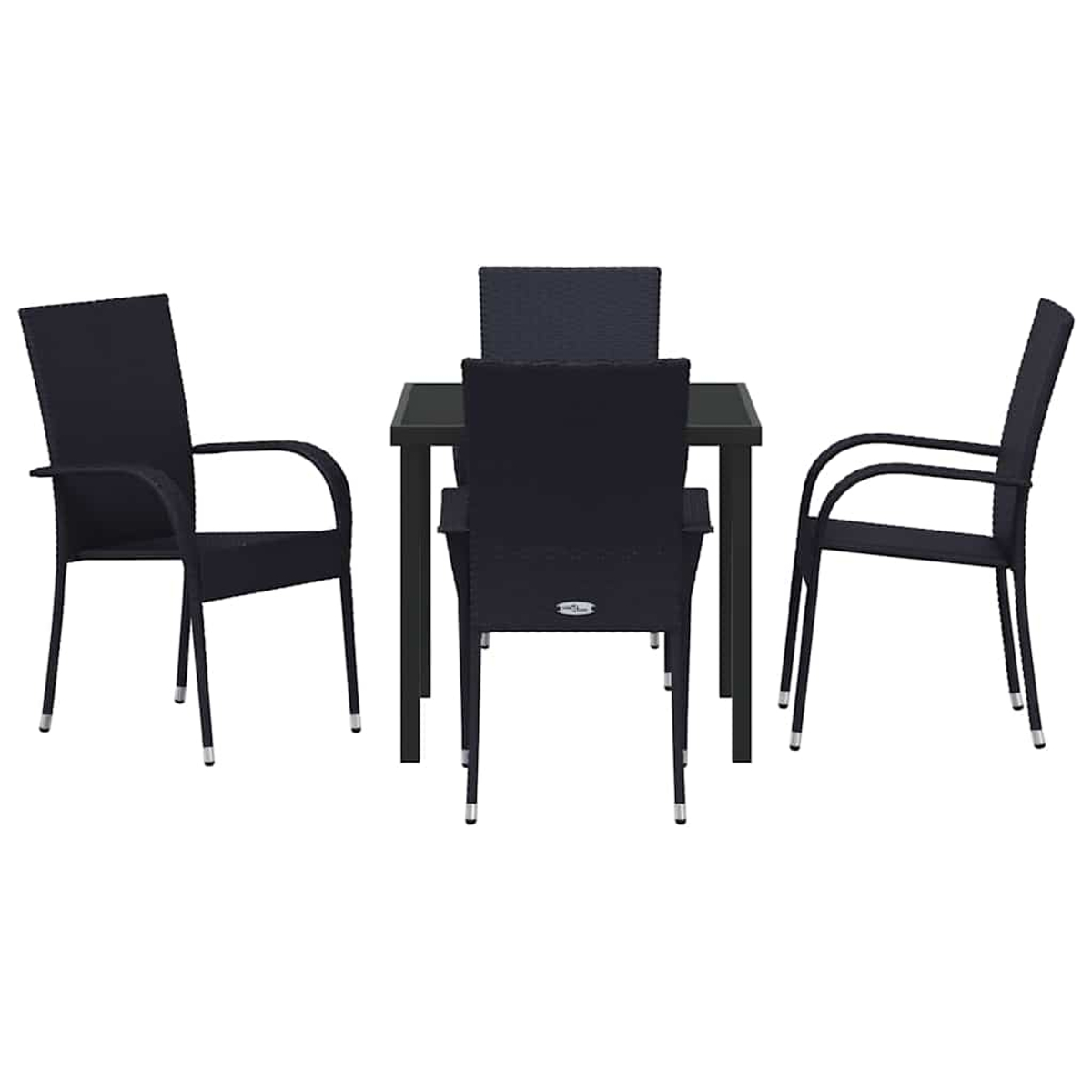 Ein schwarzes Terrassenset mit vier Stühlen und einem quadratischen Tisch. Die Stühle haben geschwungene Arme und der Tisch hat eine Glasplatte.