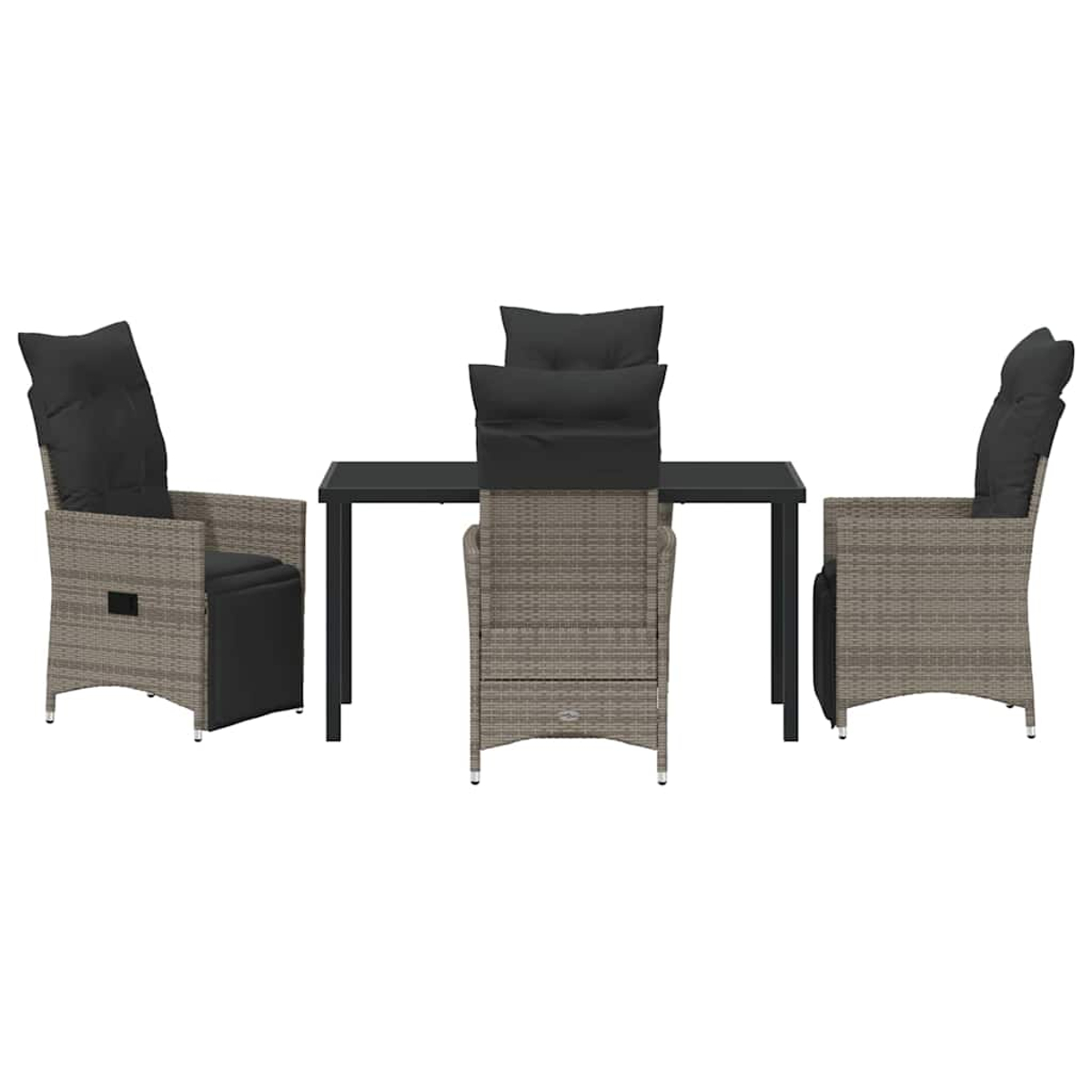 Ein Terrassen-Ess-Set mit einem schwarzen Tisch und vier Korbstühlen mit schwarzen Kissen, die um den Tisch angeordnet sind.